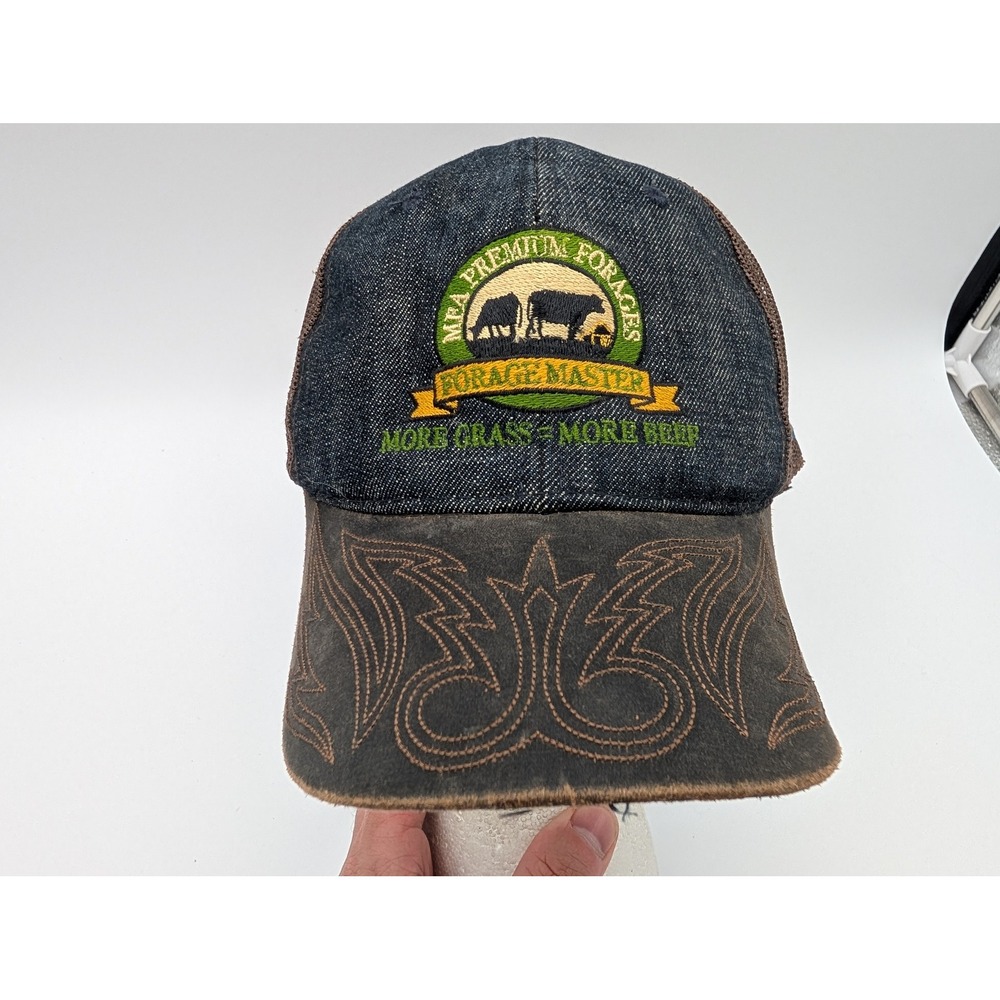 OC MFA Forage Master Denim Trucker Hat Brown Mesh Farm Logo Adjustable Cap